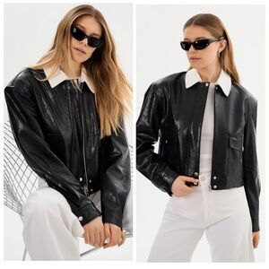 LAMARQUE Braylin Black Faux Leather Biker Jacket White Collar Large NWT